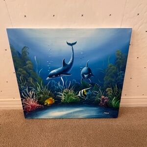 MOSHE Signed Dolphin Sea Life Canvas Print 20x24 NWT Coastal Art